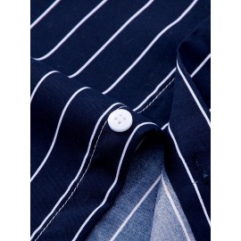 Camisa Masculina Casual Estilo Britânico Slim Fit de Manga Longa - Listras Verticais Azul e Branco com Gola Quadrada, Botões e Barra em V para Uso Externo & Casual em Todas as Estações, Tecido Não Elástico