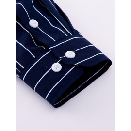 Camisa Masculina Casual Estilo Britânico Slim Fit de Manga Longa - Listras Verticais Azul e Branco com Gola Quadrada, Botões e Barra em V para Uso Externo & Casual em Todas as Estações, Tecido Não Elástico