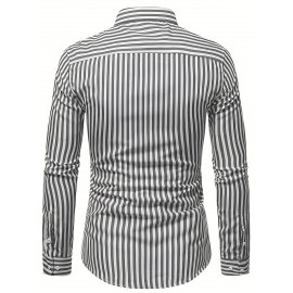Camisa Masculina Casual Estilo Britânico Slim Fit de Manga Longa - Listras Verticais Azul e Branco com Gola Quadrada, Botões e Barra em V para Uso Externo & Casual em Todas as Estações, Tecido Não Elástico