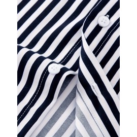 Camisa Masculina Casual Estilo Britânico Slim Fit de Manga Longa - Listras Verticais Azul e Branco com Gola Quadrada, Botões e Barra em V para Uso Externo & Casual em Todas as Estações, Tecido Não Elástico