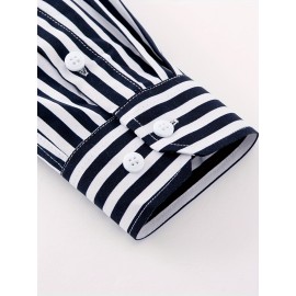 Camisa Masculina Casual Estilo Britânico Slim Fit de Manga Longa - Listras Verticais Azul e Branco com Gola Quadrada, Botões e Barra em V para Uso Externo & Casual em Todas as Estações, Tecido Não Elástico
