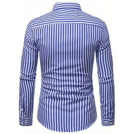 Camisa Masculina Casual Estilo Britânico Slim Fit de Manga Longa - Listras Verticais Azul e Branco com Gola Quadrada, Botões e Barra em V para Uso Externo & Casual em Todas as Estações, Tecido Não Elástico