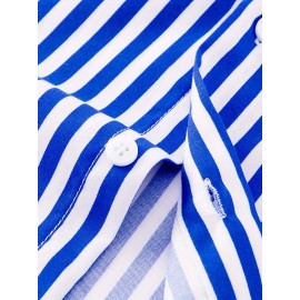 Camisa Masculina Casual Estilo Britânico Slim Fit de Manga Longa - Listras Verticais Azul e Branco com Gola Quadrada, Botões e Barra em V para Uso Externo & Casual em Todas as Estações, Tecido Não Elástico