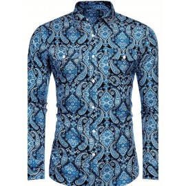 Camisa Masculina Slim Fit com Estampa Paisley de Manga Longa e Botões com Bolso no Peito - Azul Vibrante & Design Floral Preto, Camisa Casual para Ocasiões Formais ou Semi-Formais, Elegância Diária | Camisa com Estampa Paisley | Tecido de Poliéster