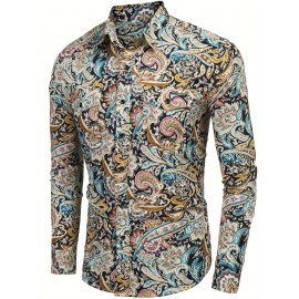 Camisa Masculina Slim Fit com Estampa Paisley de Manga Longa e Botões com Bolso no Peito - Azul Vibrante & Design Floral Preto, Camisa Casual para Ocasiões Formais ou Semi-Formais, Elegância Diária | Camisa com Estampa Paisley | Tecido de Poliéster