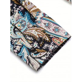 Camisa Masculina Slim Fit com Estampa Paisley de Manga Longa e Botões com Bolso no Peito - Azul Vibrante & Design Floral Preto, Camisa Casual para Ocasiões Formais ou Semi-Formais, Elegância Diária | Camisa com Estampa Paisley | Tecido de Poliéster