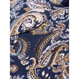 Camisa Masculina Slim Fit com Estampa Paisley de Manga Longa e Botões com Bolso no Peito - Azul Vibrante & Design Floral Preto, Camisa Casual para Ocasiões Formais ou Semi-Formais, Elegância Diária | Camisa com Estampa Paisley | Tecido de Poliéster
