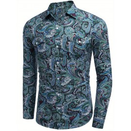 Camisa Masculina Slim Fit com Estampa Paisley de Manga Longa e Botões com Bolso no Peito - Azul Vibrante & Design Floral Preto, Camisa Casual para Ocasiões Formais ou Semi-Formais, Elegância Diária | Camisa com Estampa Paisley | Tecido de Poliéster