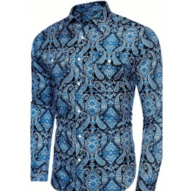 Camisa Masculina Slim Fit com Estampa Paisley de Manga Longa e Botões com Bolso no Peito - Azul Vibrante & Design Floral Preto, Camisa Casual para Ocasiões Formais ou Semi-Formais, Elegância Diária | Camisa com Estampa Paisley | Tecido de Poliéster