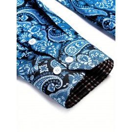 Camisa Masculina Slim Fit com Estampa Paisley de Manga Longa e Botões com Bolso no Peito - Azul Vibrante & Design Floral Preto, Camisa Casual para Ocasiões Formais ou Semi-Formais, Elegância Diária | Camisa com Estampa Paisley | Tecido de Poliéster