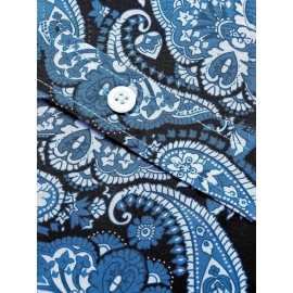 Camisa Masculina Slim Fit com Estampa Paisley de Manga Longa e Botões com Bolso no Peito - Azul Vibrante & Design Floral Preto, Camisa Casual para Ocasiões Formais ou Semi-Formais, Elegância Diária | Camisa com Estampa Paisley | Tecido de Poliéster