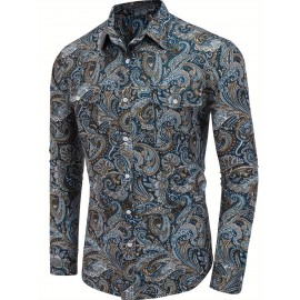 Camisa Masculina Slim Fit com Estampa Paisley de Manga Longa e Botões com Bolso no Peito - Azul Vibrante & Design Floral Preto, Camisa Casual para Ocasiões Formais ou Semi-Formais, Elegância Diária | Camisa com Estampa Paisley | Tecido de Poliéster