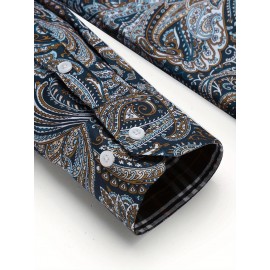 Camisa Masculina Slim Fit com Estampa Paisley de Manga Longa e Botões com Bolso no Peito - Azul Vibrante & Design Floral Preto, Camisa Casual para Ocasiões Formais ou Semi-Formais, Elegância Diária | Camisa com Estampa Paisley | Tecido de Poliéster