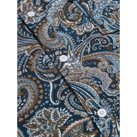 Camisa Masculina Slim Fit com Estampa Paisley de Manga Longa e Botões com Bolso no Peito - Azul Vibrante & Design Floral Preto, Camisa Casual para Ocasiões Formais ou Semi-Formais, Elegância Diária | Camisa com Estampa Paisley | Tecido de Poliéster