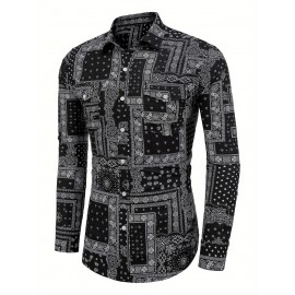 Camisa Masculina Slim Fit com Estampa Paisley de Manga Longa e Botões com Bolso no Peito - Azul Vibrante & Design Floral Preto, Camisa Casual para Ocasiões Formais ou Semi-Formais, Elegância Diária | Camisa com Estampa Paisley | Tecido de Poliéster