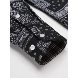 Camisa Masculina Slim Fit com Estampa Paisley de Manga Longa e Botões com Bolso no Peito - Azul Vibrante & Design Floral Preto, Camisa Casual para Ocasiões Formais ou Semi-Formais, Elegância Diária | Camisa com Estampa Paisley | Tecido de Poliéster