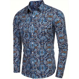 Camisa Masculina Slim Fit com Estampa Paisley de Manga Longa e Botões com Bolso no Peito - Azul Vibrante & Design Floral Preto, Camisa Casual para Ocasiões Formais ou Semi-Formais, Elegância Diária | Camisa com Estampa Paisley | Tecido de Poliéster