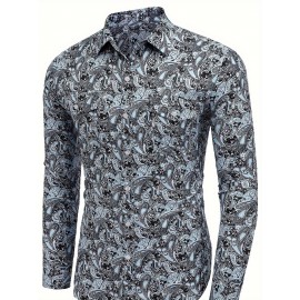 Camisa Masculina Slim Fit com Estampa Paisley de Manga Longa e Botões com Bolso no Peito - Azul Vibrante & Design Floral Preto, Camisa Casual para Ocasiões Formais ou Semi-Formais, Elegância Diária | Camisa com Estampa Paisley | Tecido de Poliéster
