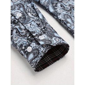 Camisa Masculina Slim Fit com Estampa Paisley de Manga Longa e Botões com Bolso no Peito - Azul Vibrante & Design Floral Preto, Camisa Casual para Ocasiões Formais ou Semi-Formais, Elegância Diária | Camisa com Estampa Paisley | Tecido de Poliéster