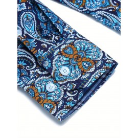 Camisa Masculina Slim Fit com Estampa Paisley de Manga Longa e Botões com Bolso no Peito - Azul Vibrante & Design Floral Preto, Camisa Casual para Ocasiões Formais ou Semi-Formais, Elegância Diária | Camisa com Estampa Paisley | Tecido de Poliéster