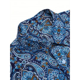 Camisa Masculina Slim Fit com Estampa Paisley de Manga Longa e Botões com Bolso no Peito - Azul Vibrante & Design Floral Preto, Camisa Casual para Ocasiões Formais ou Semi-Formais, Elegância Diária | Camisa com Estampa Paisley | Tecido de Poliéster