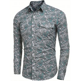 Camisa Masculina Slim Fit com Estampa Paisley de Manga Longa e Botões com Bolso no Peito - Azul Vibrante & Design Floral Preto, Camisa Casual para Ocasiões Formais ou Semi-Formais, Elegância Diária | Camisa com Estampa Paisley | Tecido de Poliéster