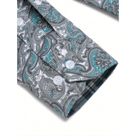 Camisa Masculina Slim Fit com Estampa Paisley de Manga Longa e Botões com Bolso no Peito - Azul Vibrante & Design Floral Preto, Camisa Casual para Ocasiões Formais ou Semi-Formais, Elegância Diária | Camisa com Estampa Paisley | Tecido de Poliéster
