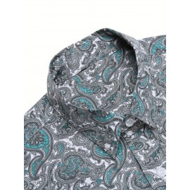 Camisa Masculina Slim Fit com Estampa Paisley de Manga Longa e Botões com Bolso no Peito - Azul Vibrante & Design Floral Preto, Camisa Casual para Ocasiões Formais ou Semi-Formais, Elegância Diária | Camisa com Estampa Paisley | Tecido de Poliéster
