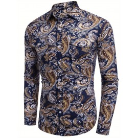Camisa Masculina Slim Fit com Estampa Paisley de Manga Longa e Botões com Bolso no Peito - Azul Vibrante & Design Floral Preto, Camisa Casual para Ocasiões Formais ou Semi-Formais, Elegância Diária | Camisa com Estampa Paisley | Tecido de Poliéster