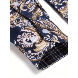Camisa Masculina Slim Fit com Estampa Paisley de Manga Longa e Botões com Bolso no Peito - Azul Vibrante & Design Floral Preto, Camisa Casual para Ocasiões Formais ou Semi-Formais, Elegância Diária | Camisa com Estampa Paisley | Tecido de Poliéster