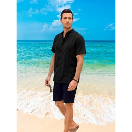 Camisetas Guayabera de Manga Curta para Homens Camisa de Botão Tops de Verão