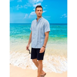 Camisetas Guayabera de Manga Curta para Homens Camisa de Botão Tops de Verão