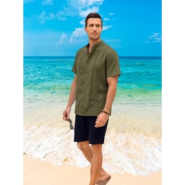 Camisetas Guayabera de Manga Curta para Homens Camisa de Botão Tops de Verão