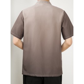 Camisa de manga curta de cor sólida com botão de placa de gola levantada fina e solta de estilo chinês para meninos e adolescentes no verão.