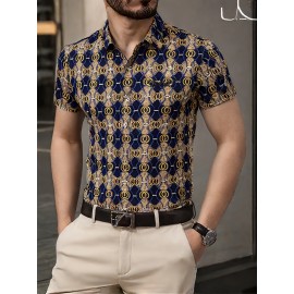 1-Pacote Camisa Casual Masculina SINBOS - Leve e Respirável, Manga Curta com Botões Frontais, Cores Azul Marinho/Bege/Azul/Dourado para Escritório e Eventos Formais - Corte Elegante, Estampa Listrada, Construção Durável, Bolsa Inclusa, Ideal para Profissi