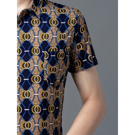 1-Pacote Camisa Casual Masculina SINBOS - Leve e Respirável, Manga Curta com Botões Frontais, Cores Azul Marinho/Bege/Azul/Dourado para Escritório e Eventos Formais - Corte Elegante, Estampa Listrada, Construção Durável, Bolsa Inclusa, Ideal para Profissi