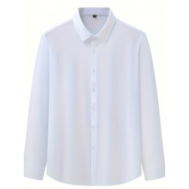 Camisa clássica masculina slim fit - Tecido elástico, manga comprida, botão, azul claro, lavável na máquina, eventos de negócios e sociais, roupas para eventos sociais | Camisa moderna | Camisa de tecido elástico