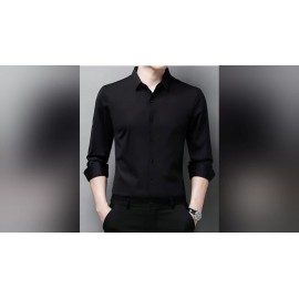 Camisa clássica masculina slim fit - Tecido elástico, manga comprida, botão, azul claro, lavável na máquina, eventos de negócios e sociais, roupas para eventos sociais | Camisa moderna | Camisa de tecido elástico