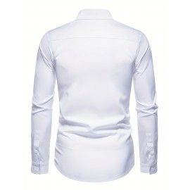 Camisa clássica masculina slim fit - Tecido elástico, manga comprida, botão, azul claro, lavável na máquina, eventos de negócios e sociais, roupas para eventos sociais | Camisa moderna | Camisa de tecido elástico