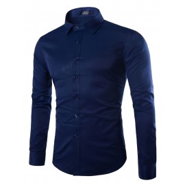 Camisa clássica masculina slim fit - Tecido elástico, manga comprida, botão, azul claro, lavável na máquina, eventos de negócios e sociais, roupas para eventos sociais | Camisa moderna | Camisa de tecido elástico