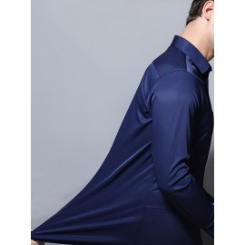 Camisa clássica masculina slim fit - Tecido elástico, manga comprida, botão, azul claro, lavável na máquina, eventos de negócios e sociais, roupas para eventos sociais | Camisa moderna | Camisa de tecido elástico