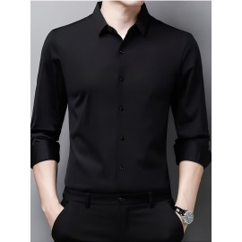 Camisa clássica masculina slim fit - Tecido elástico, manga comprida, botão, azul claro, lavável na máquina, eventos de negócios e sociais, roupas para eventos sociais | Camisa moderna | Camisa de tecido elástico