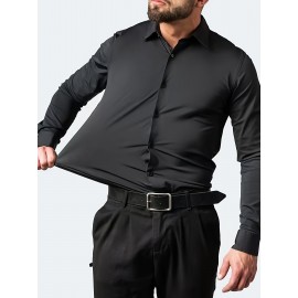 Camisa clássica masculina slim fit - Tecido elástico, manga comprida, botão, azul claro, lavável na máquina, eventos de negócios e sociais, roupas para eventos sociais | Camisa moderna | Camisa de tecido elástico