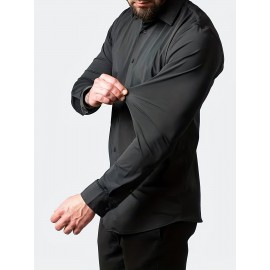 Camisa clássica masculina slim fit - Tecido elástico, manga comprida, botão, azul claro, lavável na máquina, eventos de negócios e sociais, roupas para eventos sociais | Camisa moderna | Camisa de tecido elástico