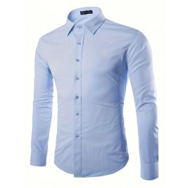 Camisa clássica masculina slim fit - Tecido elástico, manga comprida, botão, azul claro, lavável na máquina, eventos de negócios e sociais, roupas para eventos sociais | Camisa moderna | Camisa de tecido elástico