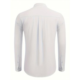 Camisa Oxford de manga comprida para homem, com botões e gola de banda, ideal para o verão na praia.