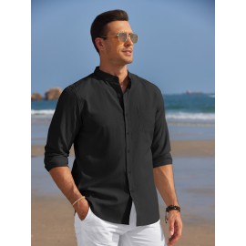 Camisa Oxford de manga comprida para homem, com botões e gola de banda, ideal para o verão na praia.