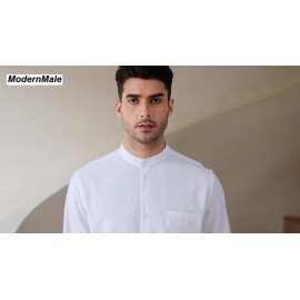 Camisa Oxford de manga comprida para homem, com botões e gola de banda, ideal para o verão na praia.