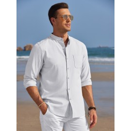 Camisa Oxford de manga comprida para homem, com botões e gola de banda, ideal para o verão na praia.