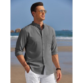Camisa Oxford de manga comprida para homem, com botões e gola de banda, ideal para o verão na praia.